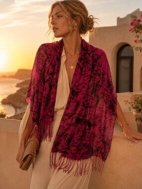 Vintage Raspberry Floral Ombré Scarf Shawl — Romantic Boho Luxe Wrap